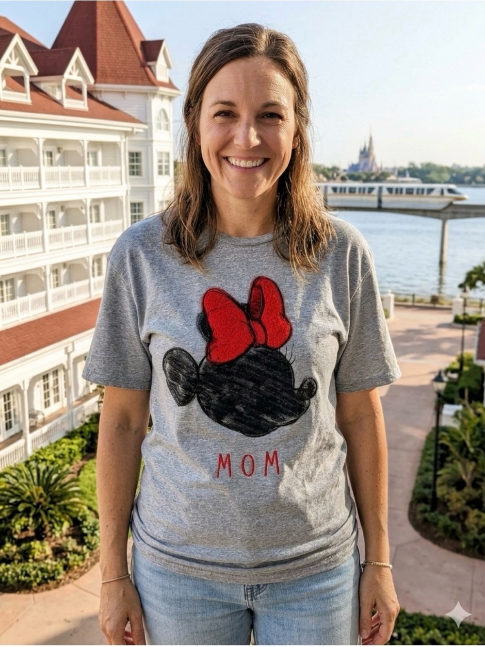 Disney Minnie Mouse Mom T Shirt Gray Sketch Graphic Red Bow Crewneck coquette L